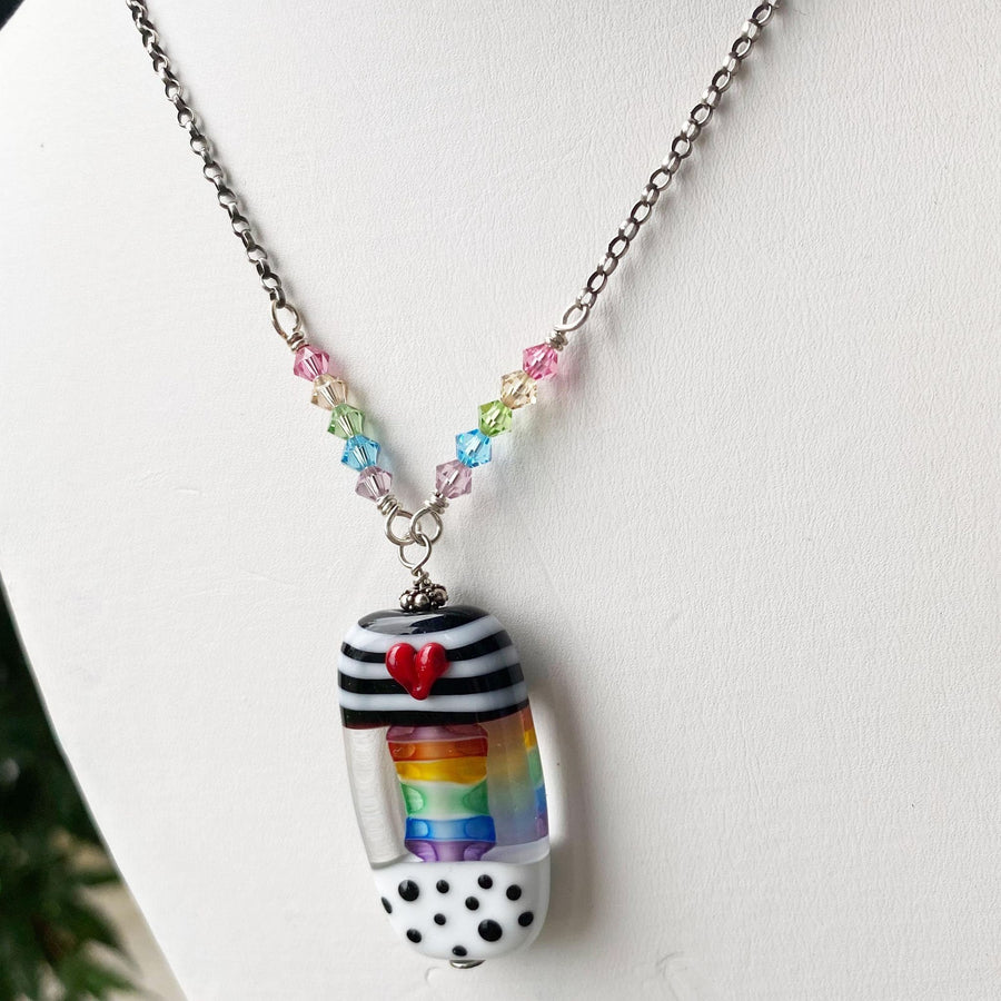 Stunning Artisan Sterling Silver and Rainbow, Stripe, and Dot Lampwork Glass necklace & Swarovski Crystal Accents, LGBTQ, Everyday, Unusual