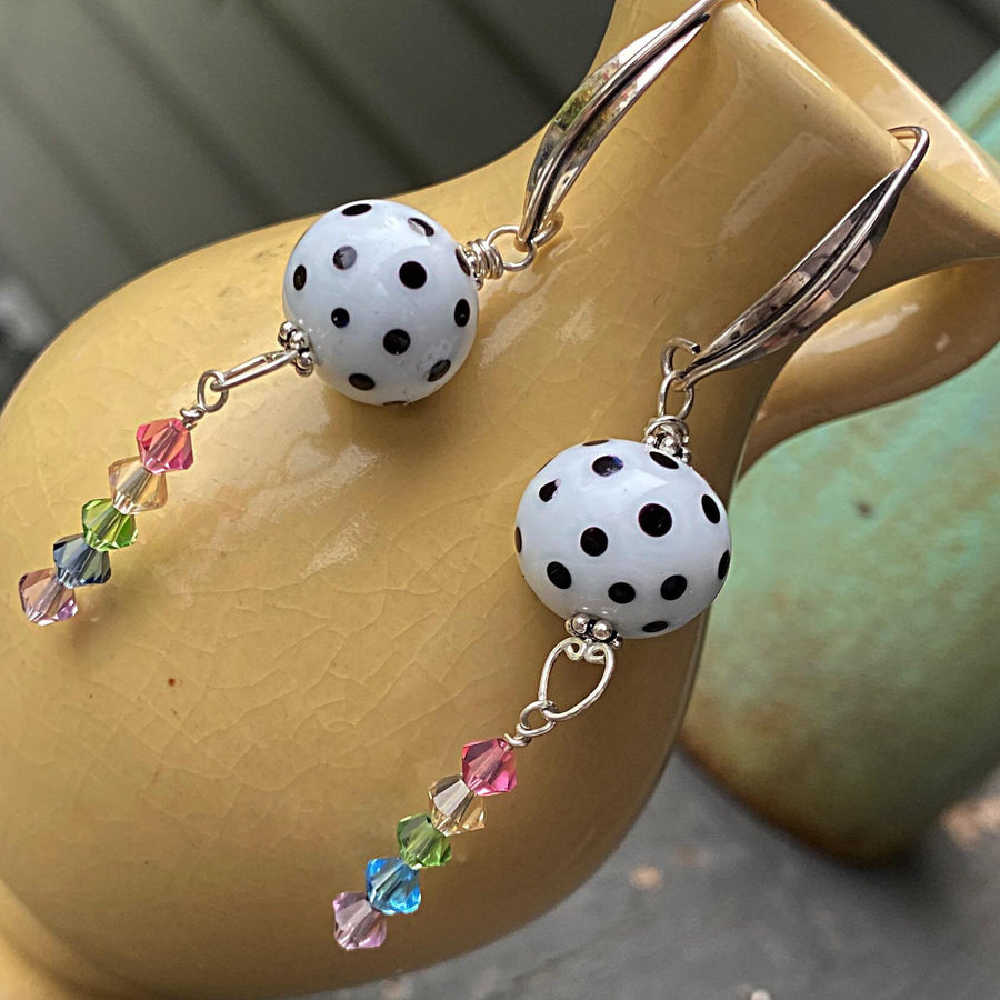 Stunning Artisan Sterling Silver, Rainbow and Black White Dot Lampwork Glass Earrings & Swarovski Crystal Accents, LGBTQ, Everyday, Unusual