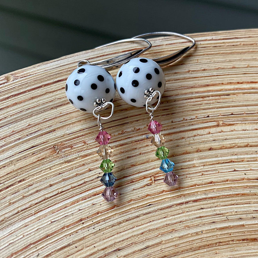 Stunning Artisan Sterling Silver, Rainbow and Black White Dot Lampwork Glass Earrings & Swarovski Crystal Accents, LGBTQ, Everyday, Unusual