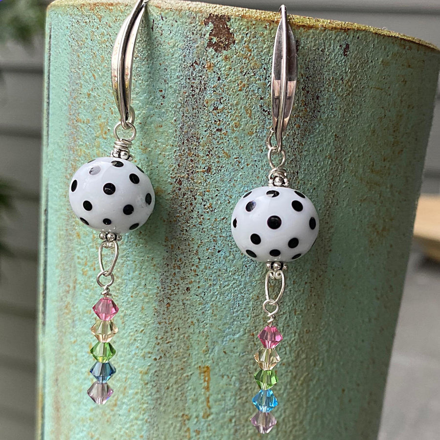 Stunning Artisan Sterling Silver, Rainbow and Black White Dot Lampwork Glass Earrings & Swarovski Crystal Accents, LGBTQ, Everyday, Unusual