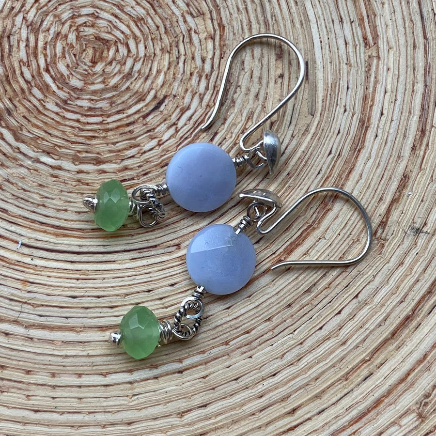 Stunning Artisan Sterling Silver and Blue Lace Agate and Green Quartz Earrings, Bright Sterling Silver Earwires, Stunning Drop Earrings