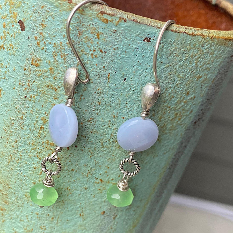 Stunning Artisan Sterling Silver and Blue Lace Agate and Green Quartz Earrings, Bright Sterling Silver Earwires, Stunning Drop Earrings