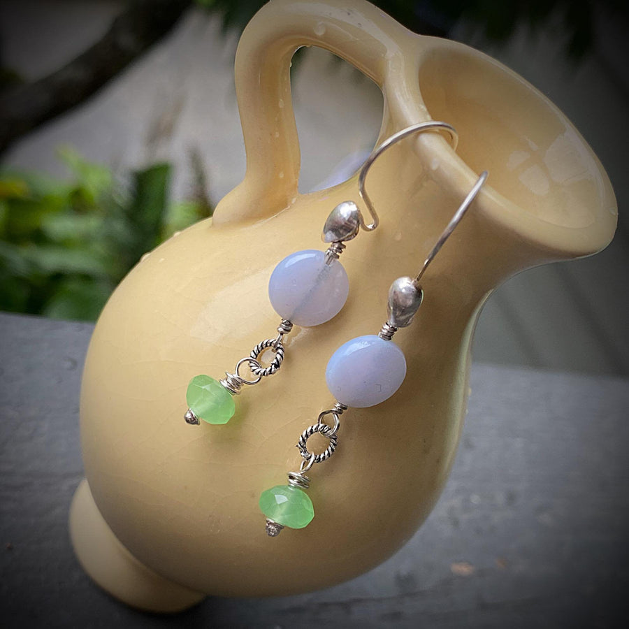 Stunning Artisan Sterling Silver and Blue Lace Agate and Green Quartz Earrings, Bright Sterling Silver Earwires, Stunning Drop Earrings