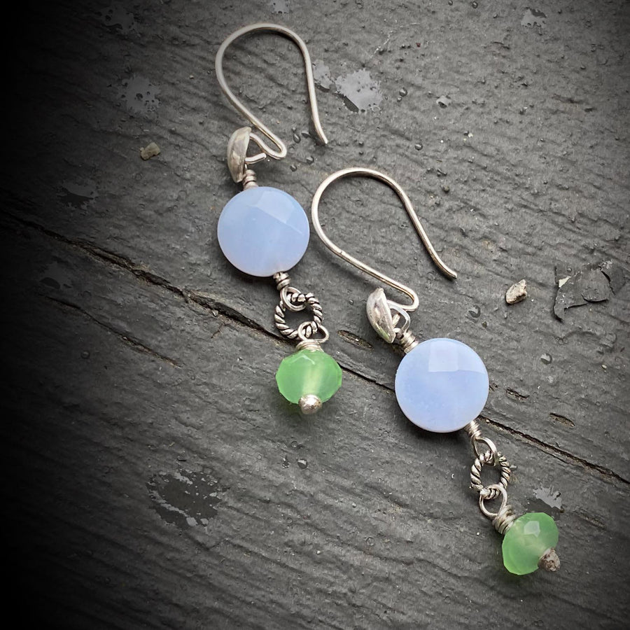 Stunning Artisan Sterling Silver and Blue Lace Agate and Green Quartz Earrings, Bright Sterling Silver Earwires, Stunning Drop Earrings