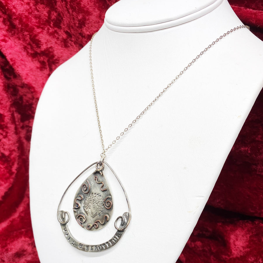 Artisan Sterling Silver Medusa Wild & Beautiful Hand Forged Pendant Necklace Hand Stamped Teardrop Statement Necklace on Antiqued sterling