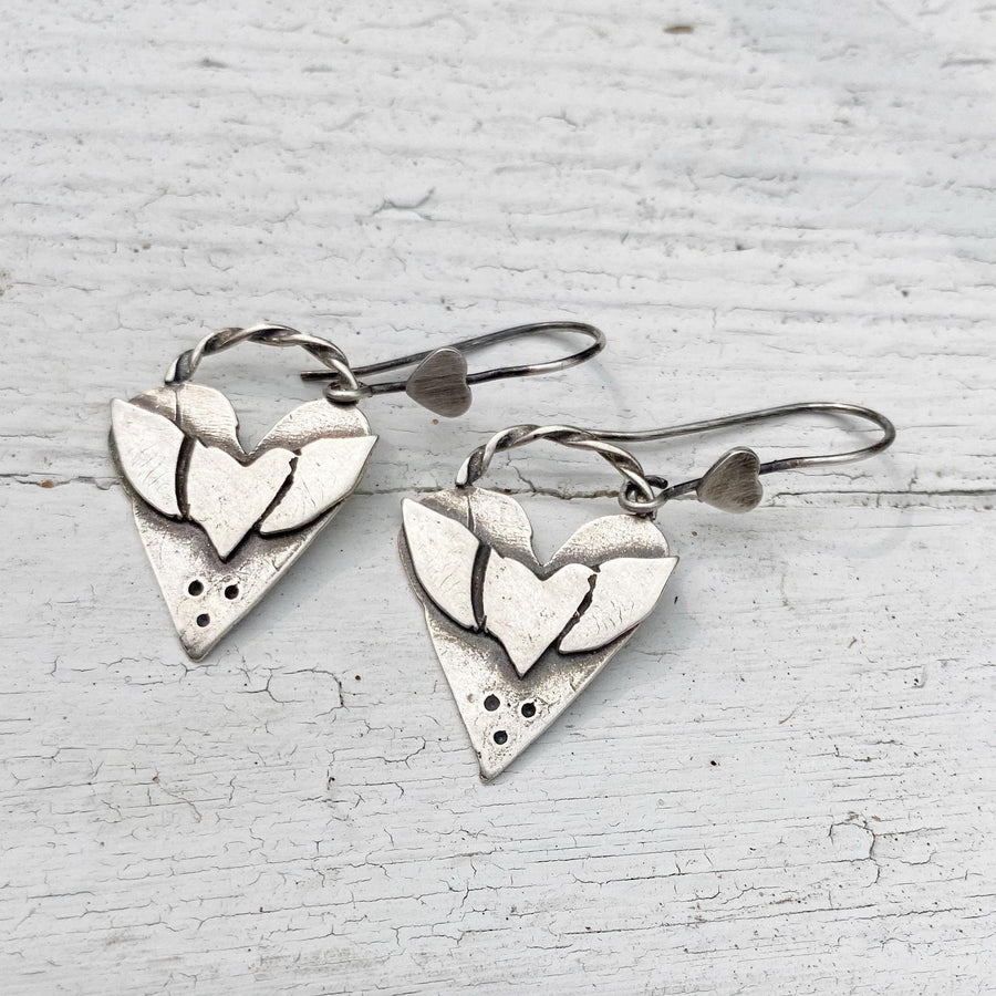 Artisan Sterling Silver Winged Heart Earrings, Hand Forged, Silversmith, Little Heart Ear Wires, Unique Everyday Earrings, Hearts and Wings