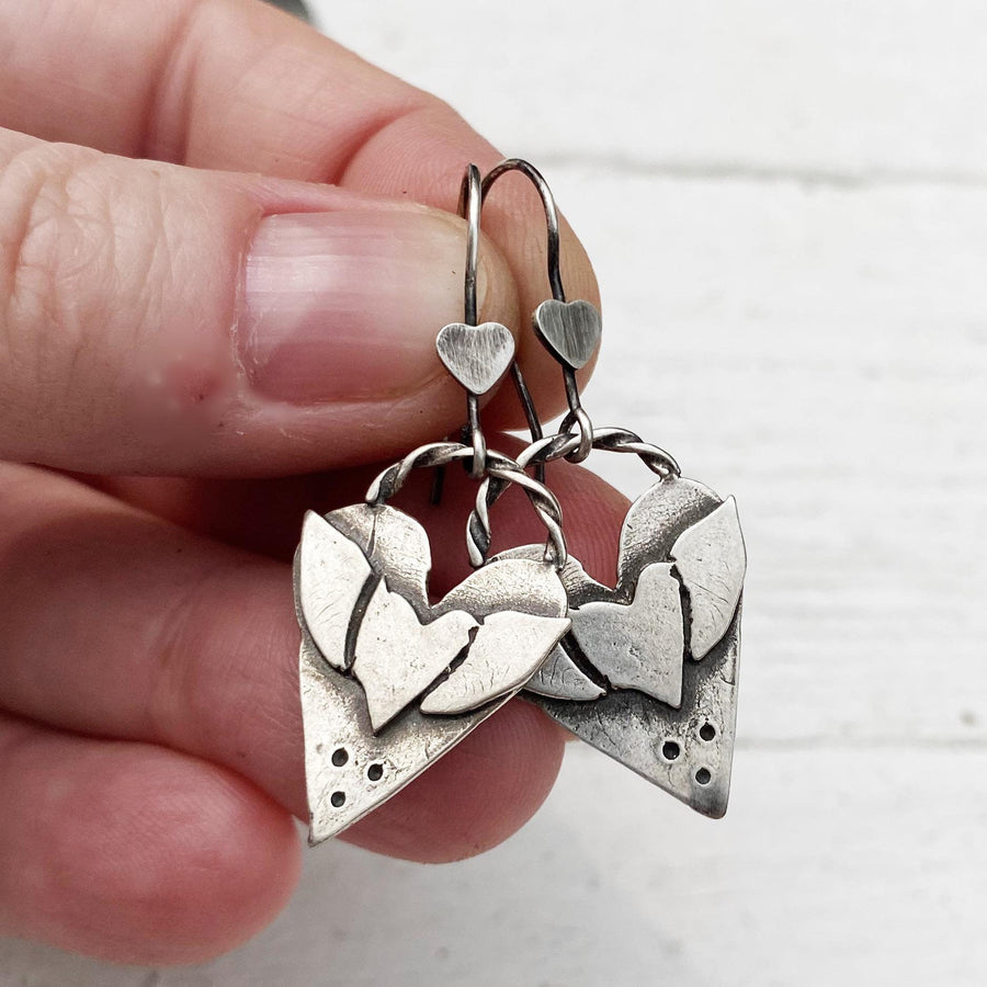 Artisan Sterling Silver Winged Heart Earrings, Hand Forged, Silversmith, Little Heart Ear Wires, Unique Everyday Earrings, Hearts and Wings