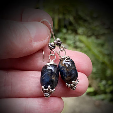 Artisan Sterling Silver & Piertersite Earrings with Sterling Earwires, Beautiful Navy Burgundy and Oxidized Antiqued Bali Silver