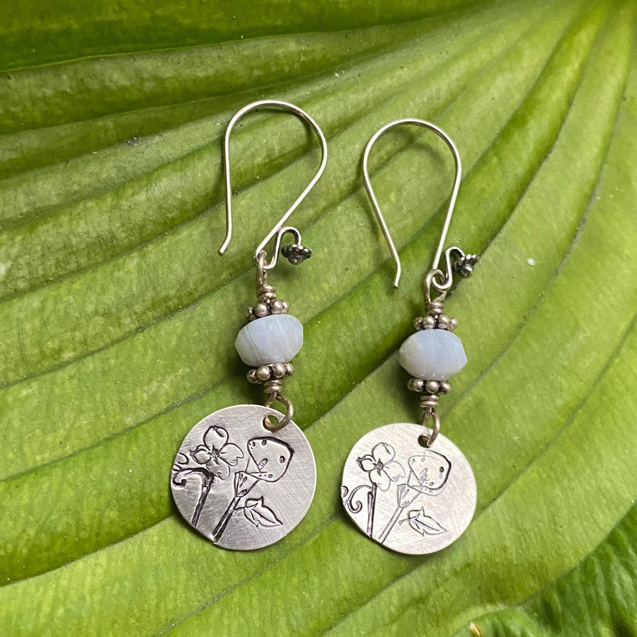 Artisan Sterling Silver and Blue Lace Agate Cala Lilly Earrings, Sterling Silver Dogwood Flower  Earrings, Unique and OOAK, Handmade