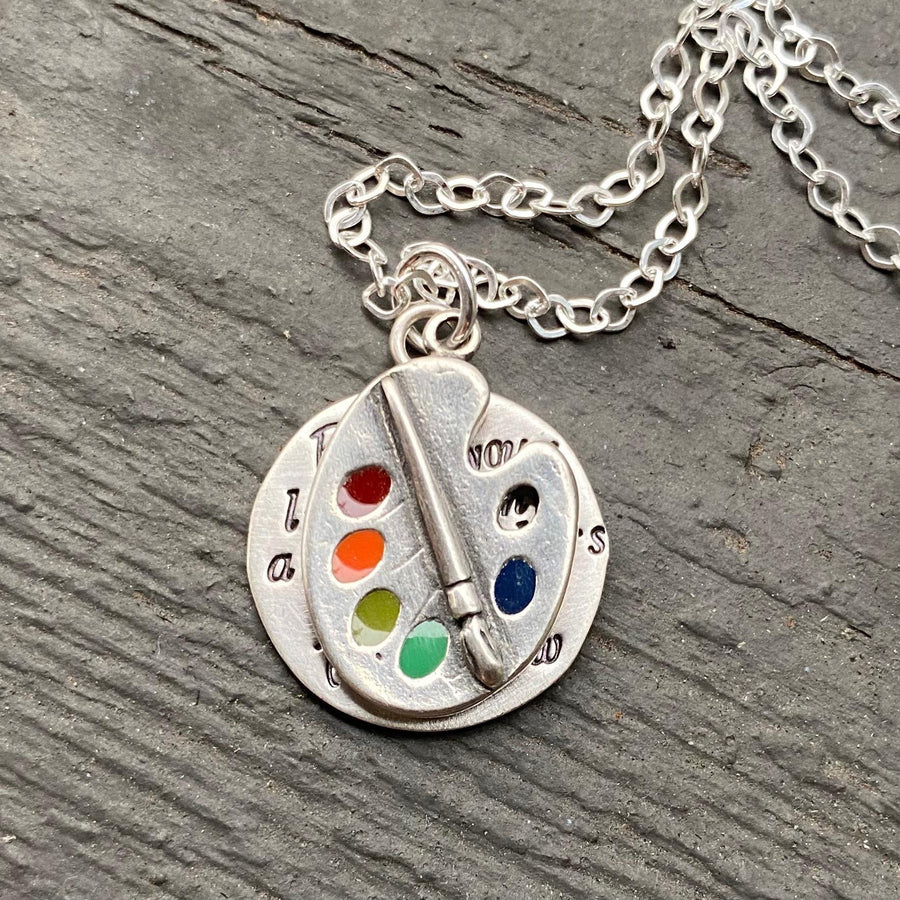 Artisan Sterling Silver and Rainbow Enamel Paint Palette Necklace 