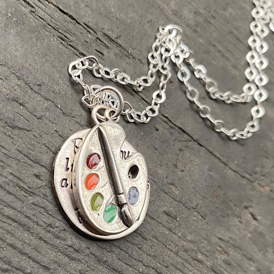 Artisan Sterling Silver and Rainbow Enamel Paint Palette Necklace 