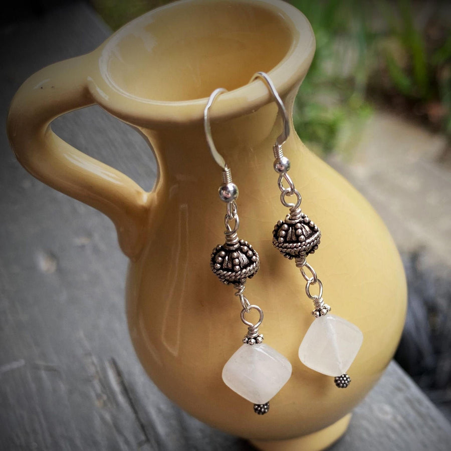 Artisan Sterling Silver and faceted White Quartz Beautiful and intricate Bali Silver, Dangle Earrings, Bali Earwires, Versatile Everyday