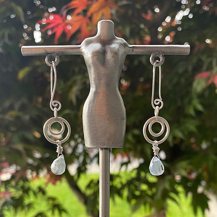 Artisan Sterling Silver and faceted Biolettes of Kyanite, with Silver Circles, Dangle Earrings, Bali Earwires, Versatile Everyday, silvery