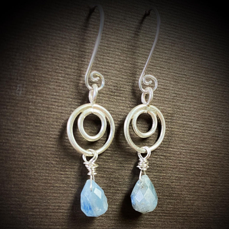 Artisan Sterling Silver and faceted Biolettes of Kyanite, with Silver Circles, Dangle Earrings, Bali Earwires, Versatile Everyday, silvery