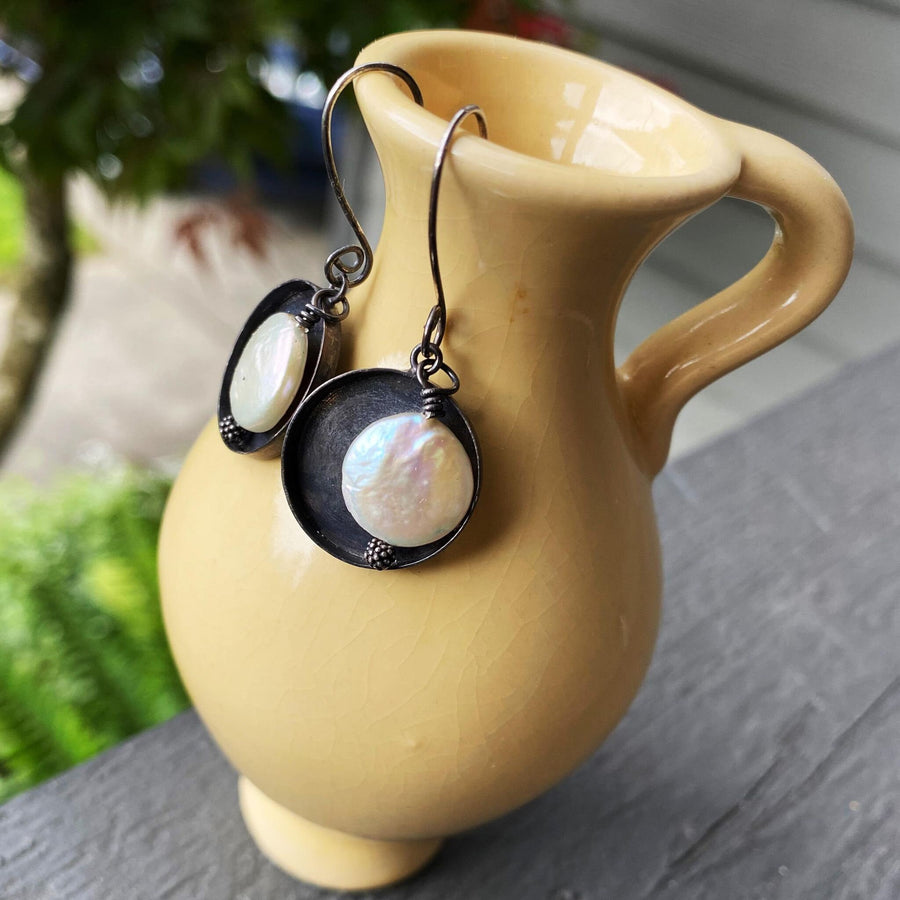 Artisan Blackened Sterling Silver and Creamy Coin Pearl Earrings, Contrast Black and White, Unique and OOAK, Handmade, Spiral Ear Wires