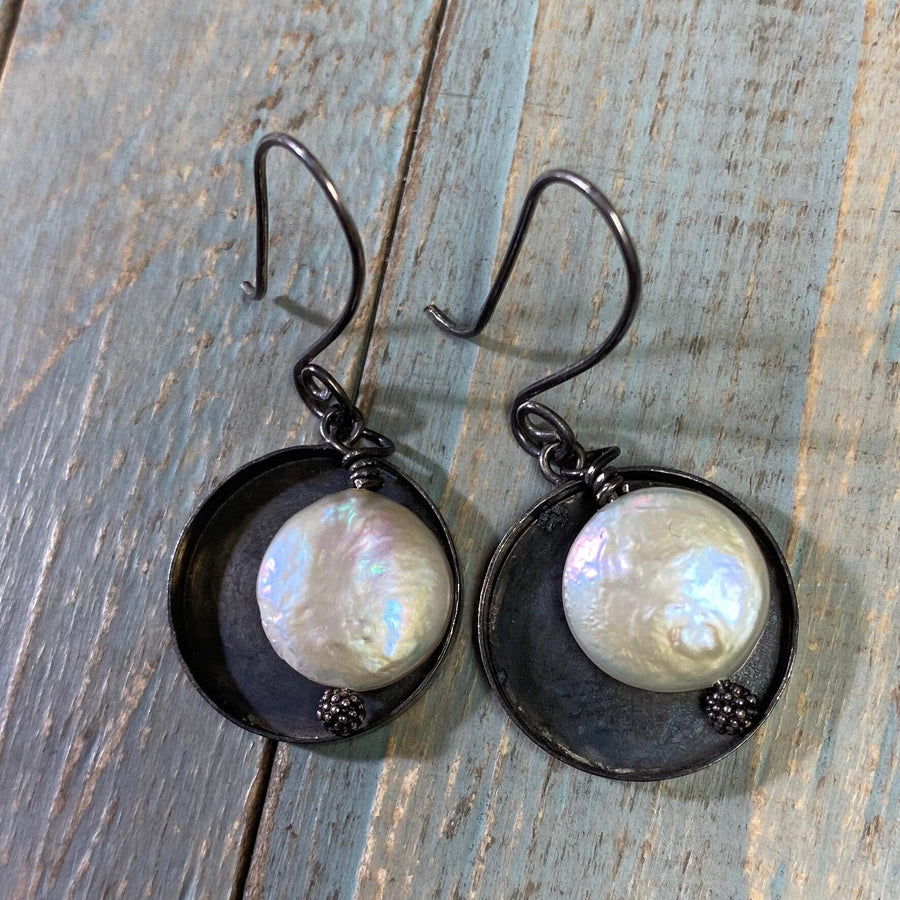 Artisan Blackened Sterling Silver and Creamy Coin Pearl Earrings, Contrast Black and White, Unique and OOAK, Handmade, Spiral Ear Wires