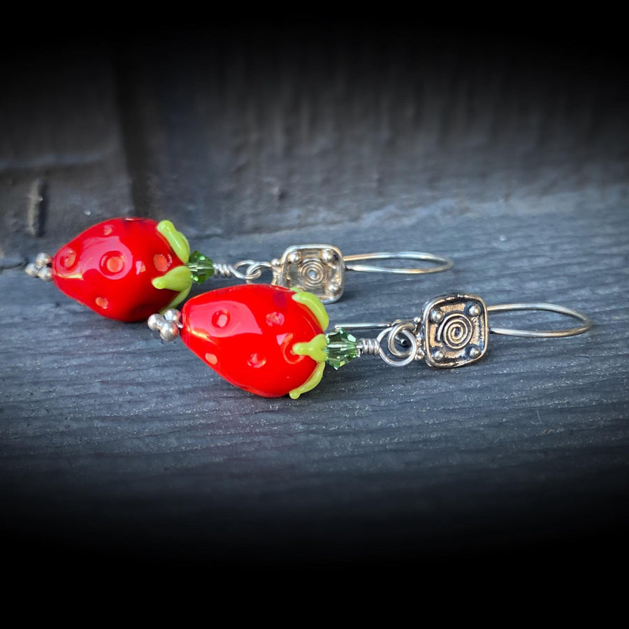 Stunning Artisan Sterling Silver and Strawberry Lampwork Glass Fruit Red Green Earrings Earwire Sterling and Glass Zoom ready earrings