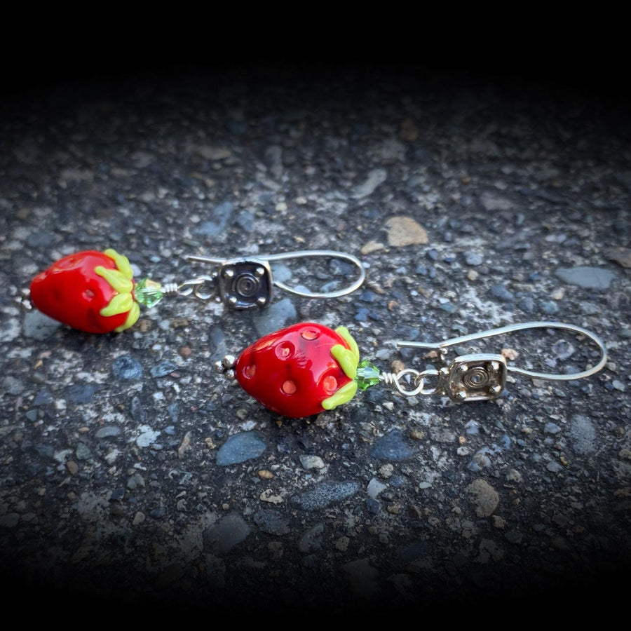 Stunning Artisan Sterling Silver and Strawberry Lampwork Glass Fruit Red Green Earrings Earwire Sterling and Glass Zoom ready earrings