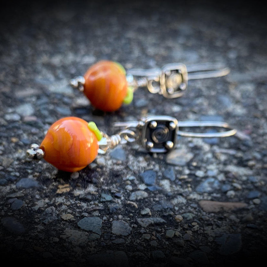 Stunning Artisan Sterling Silver and Peach Lampwork Glass Fruit Orange Green Earrings Earwire Sterling and Glass Zoom ready earrings