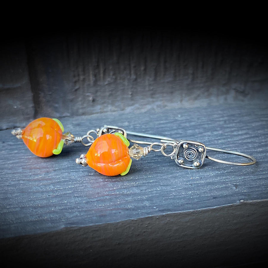 Stunning Artisan Sterling Silver and Peach Lampwork Glass Fruit Orange Green Earrings Earwire Sterling and Glass Zoom ready earrings