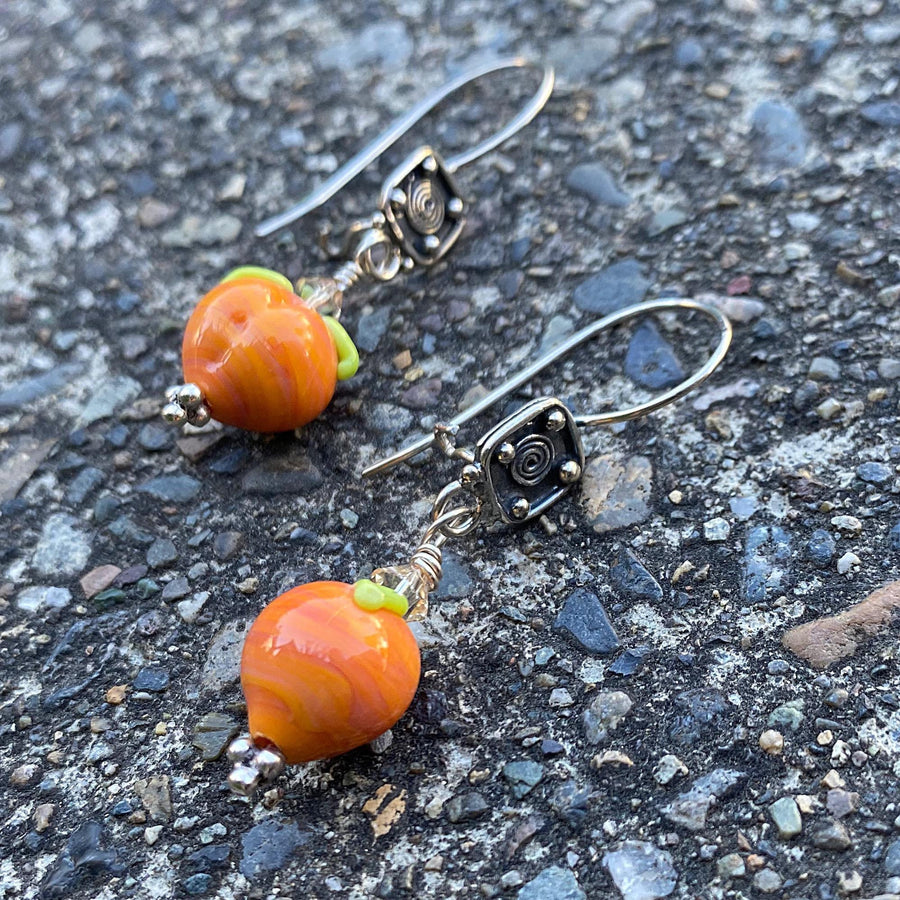 Stunning Artisan Sterling Silver and Peach Lampwork Glass Fruit Orange Green Earrings Earwire Sterling and Glass Zoom ready earrings