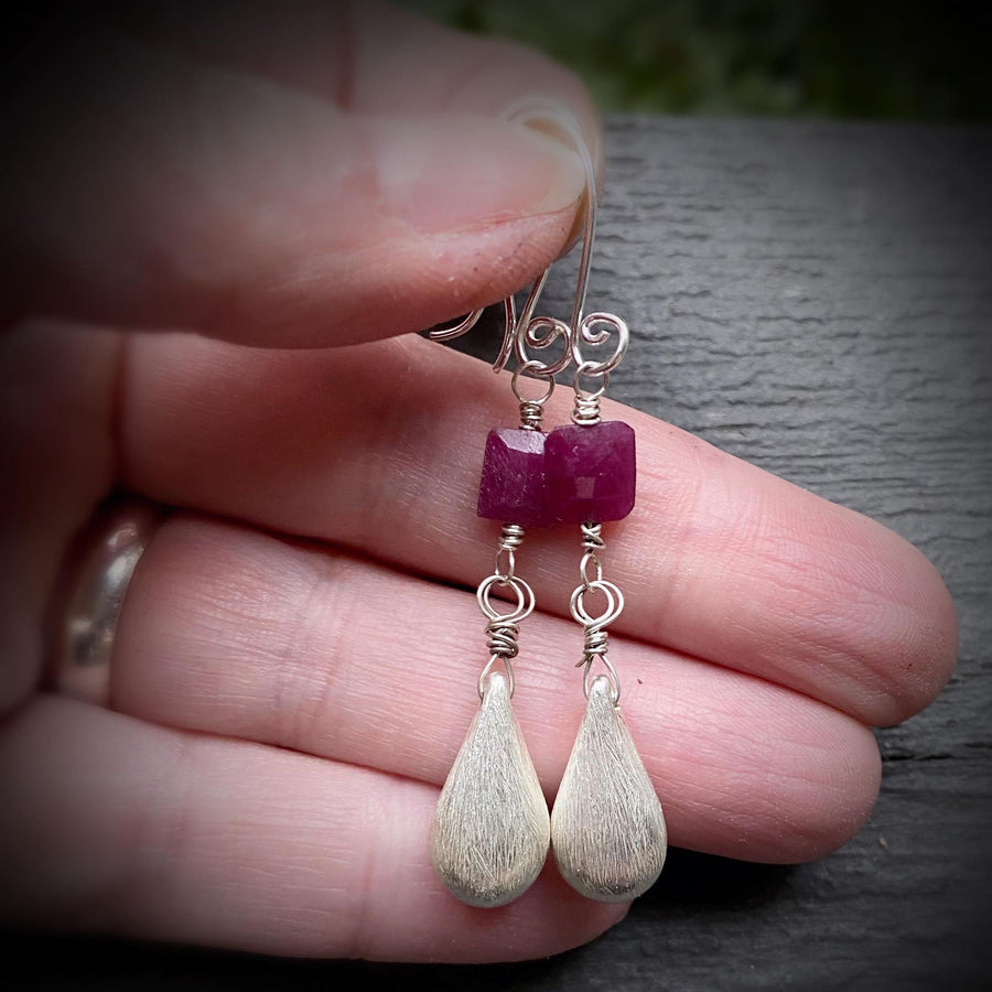 Artisan Sterling Silver Long Teardrop and Ruby Cushion Earrings, Genuine Rubies, Faceted Gemstone Earwire Ear Wire Valentine Gift