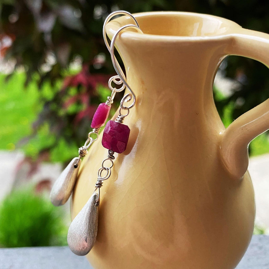 Artisan Sterling Silver Long Teardrop and Ruby Cushion Earrings, Genuine Rubies, Faceted Gemstone Earwire Ear Wire Valentine Gift