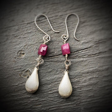 Artisan Sterling Silver Long Teardrop and Ruby Cushion Earrings, Genuine Rubies, Faceted Gemstone Earwire Ear Wire Valentine Gift