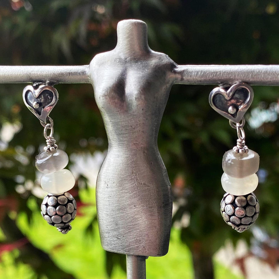 Artisan Sterling Silver & White and Grey Moonstone Earrings with Sterling Heart Posts, Gray Moonstone, White Moonstone, Bali Sterling Silver