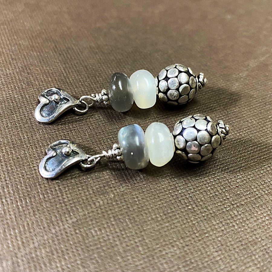 Artisan Sterling Silver & White and Grey Moonstone Earrings with Sterling Heart Posts, Gray Moonstone, White Moonstone, Bali Sterling Silver