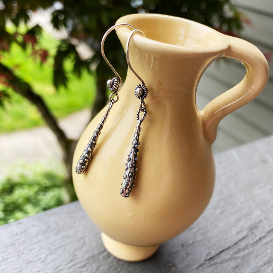 Artisan Sterling Silver Rustic Dotted Drop Earrings. Simple yet versatile, elegant and unusual. Sterling Bali Ear wire with Granulation Drop