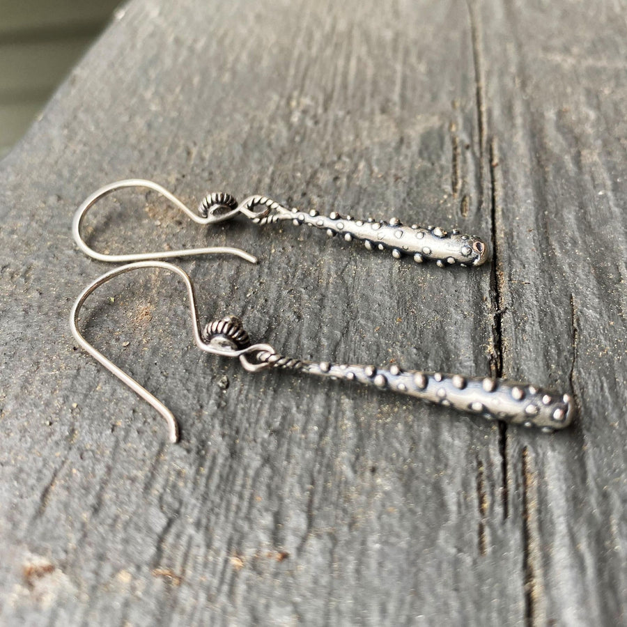 Artisan Sterling Silver Rustic Dotted Drop Earrings. Simple yet versatile, elegant and unusual. Sterling Bali Ear wire with Granulation Drop