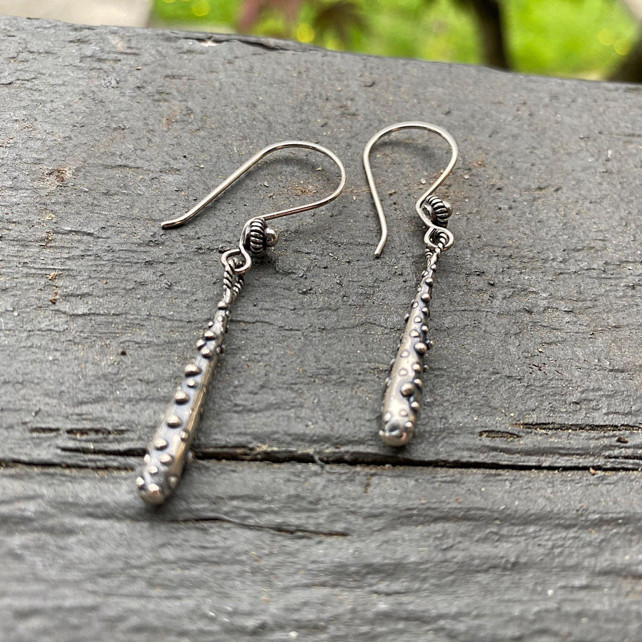 Artisan Sterling Silver Rustic Dotted Drop Earrings. Simple yet versatile, elegant and unusual. Sterling Bali Ear wire with Granulation Drop