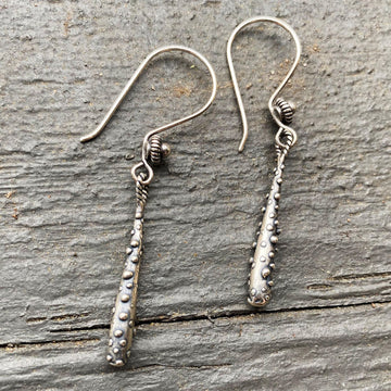 Artisan Sterling Silver Rustic Dotted Drop Earrings. Simple yet versatile, elegant and unusual. Sterling Bali Ear wire with Granulation Drop