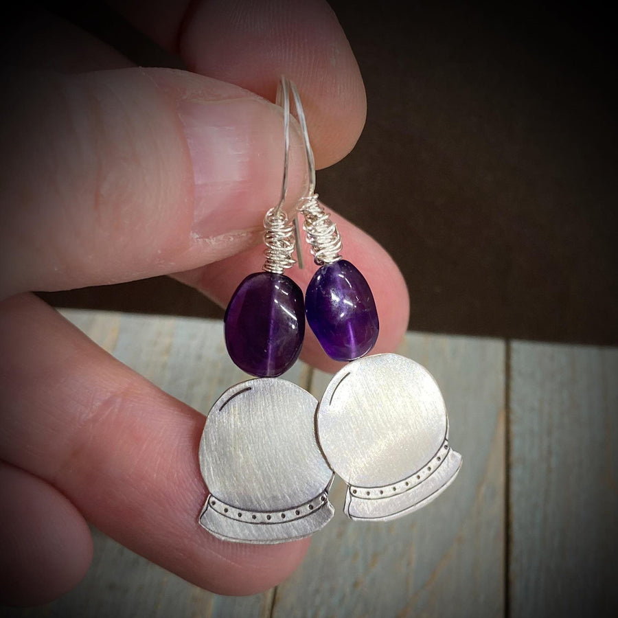 Artisan Sterling Silver & Amethyst Crystal Ball or Snow Globes with Sterling Earwires Drop Dangle Earrings