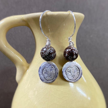 Artisan Sterling Silver Wise Barn Owl Earrings, Stamped Earrings, Brown Snowflake Jasper Earrings, Minimalist, Ear Wire, Unique, Original