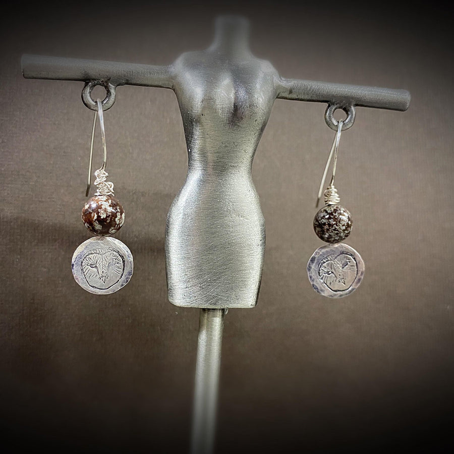 Artisan Sterling Silver Wise Barn Owl Earrings, Stamped Earrings, Brown Snowflake Jasper Earrings, Minimalist, Ear Wire, Unique, Original