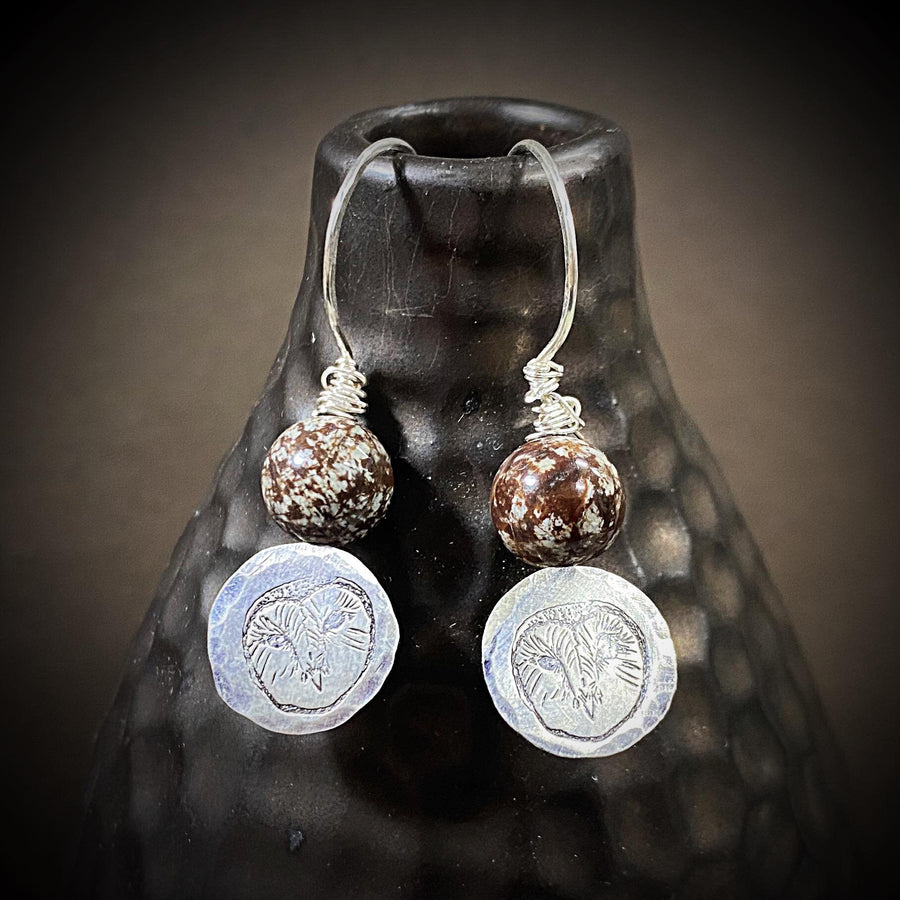 Artisan Sterling Silver Wise Barn Owl Earrings, Stamped Earrings, Brown Snowflake Jasper Earrings, Minimalist, Ear Wire, Unique, Original