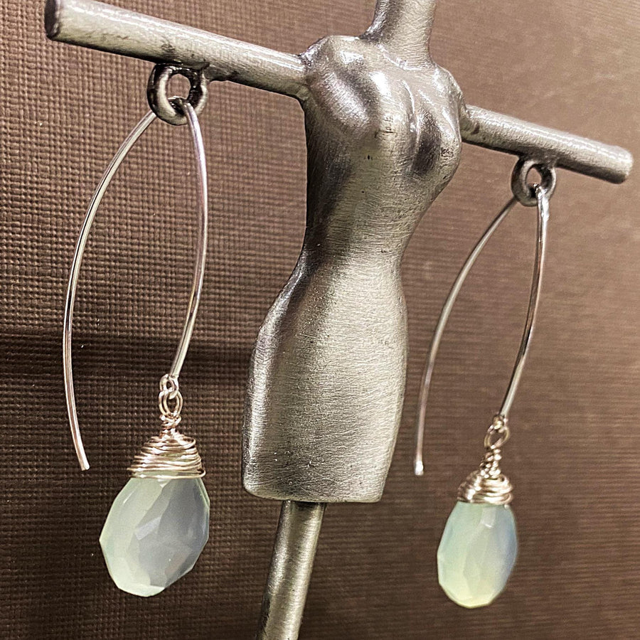 Artisan Sterling Silver & Aqua Chalcedony earrings with Sterling Earwires, Drop Dangle Earrings Light chatoyant blue green Briolette