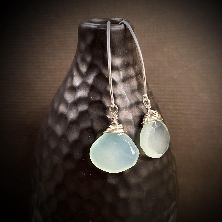 Artisan Sterling Silver & Aqua Chalcedony earrings with Sterling Earwires, Drop Dangle Earrings Light chatoyant blue green Briolette