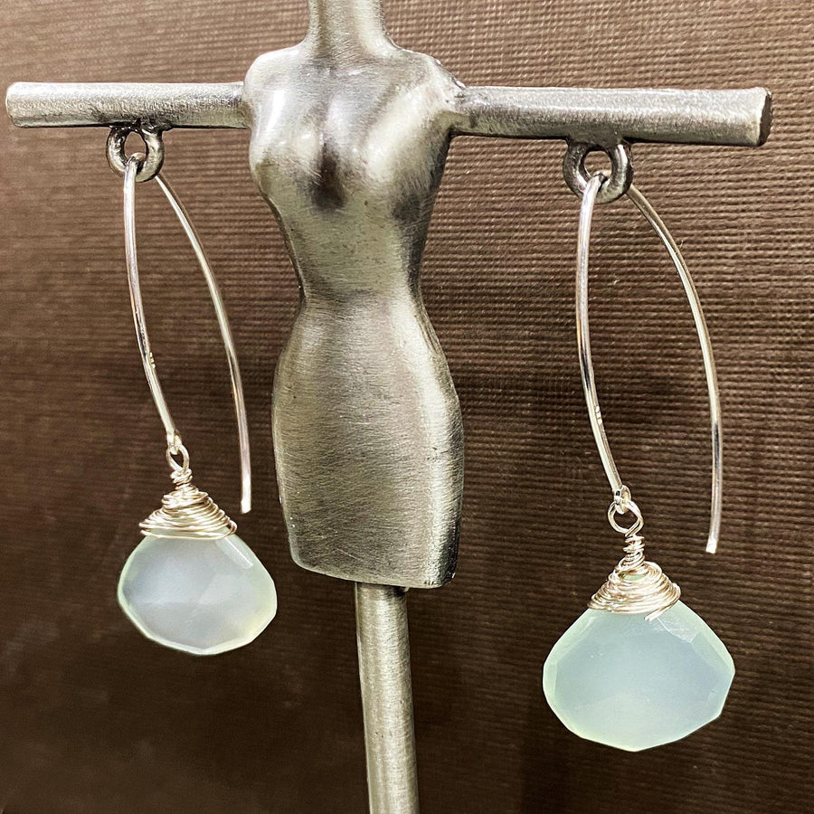 Artisan Sterling Silver & Aqua Chalcedony earrings with Sterling Earwires, Drop Dangle Earrings Light chatoyant blue green Briolette