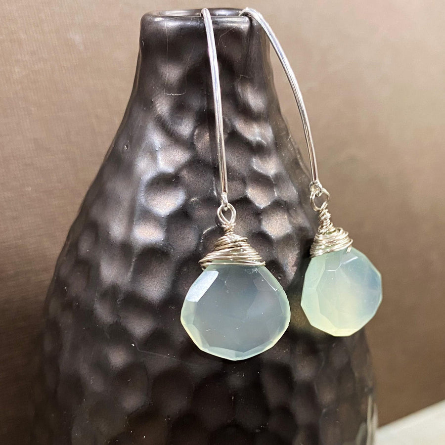 Artisan Sterling Silver & Aqua Chalcedony earrings with Sterling Earwires, Drop Dangle Earrings Light chatoyant blue green Briolette