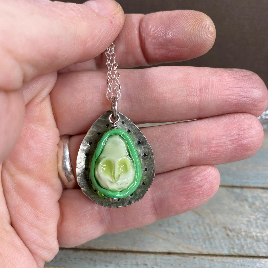 Artisan Love Avocado Necklace Set of 2 Halves w/Heart pit Couples Mother/Daughter Sterling Silver & Lampwork Glass One of a Kind Set OOAK