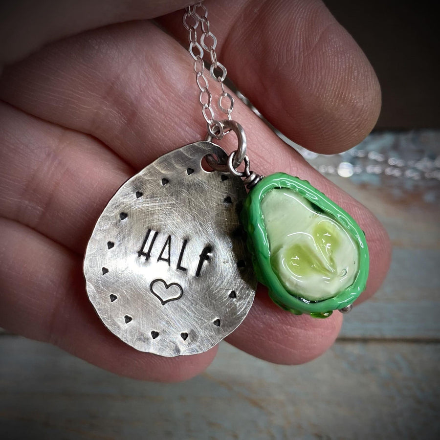 Artisan Love Avocado Necklace Set of 2 Halves w/Heart pit Couples Mother/Daughter Sterling Silver & Lampwork Glass One of a Kind Set OOAK