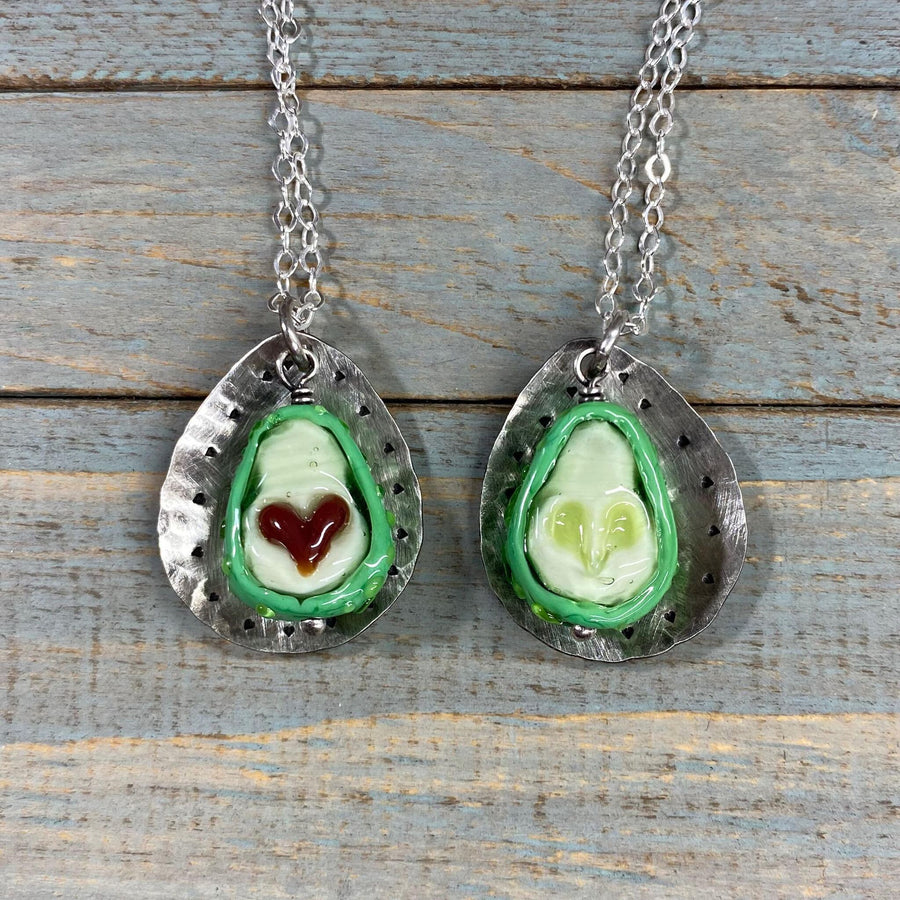 Artisan Love Avocado Necklace Set of 2 Halves w/Heart pit Couples Mother/Daughter Sterling Silver & Lampwork Glass One of a Kind Set OOAK