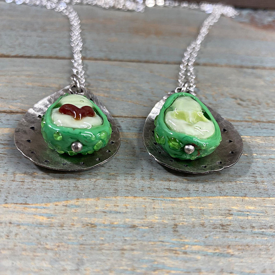 Artisan Love Avocado Necklace Set of 2 Halves w/Heart pit Couples Mother/Daughter Sterling Silver & Lampwork Glass One of a Kind Set OOAK