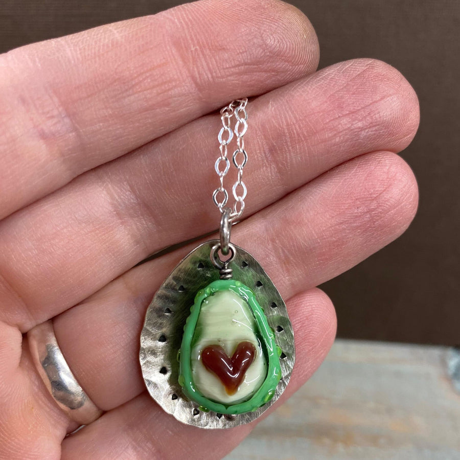 Artisan Love Avocado Necklace Set of 2 Halves w/Heart pit Couples Mother/Daughter Sterling Silver & Lampwork Glass One of a Kind Set OOAK