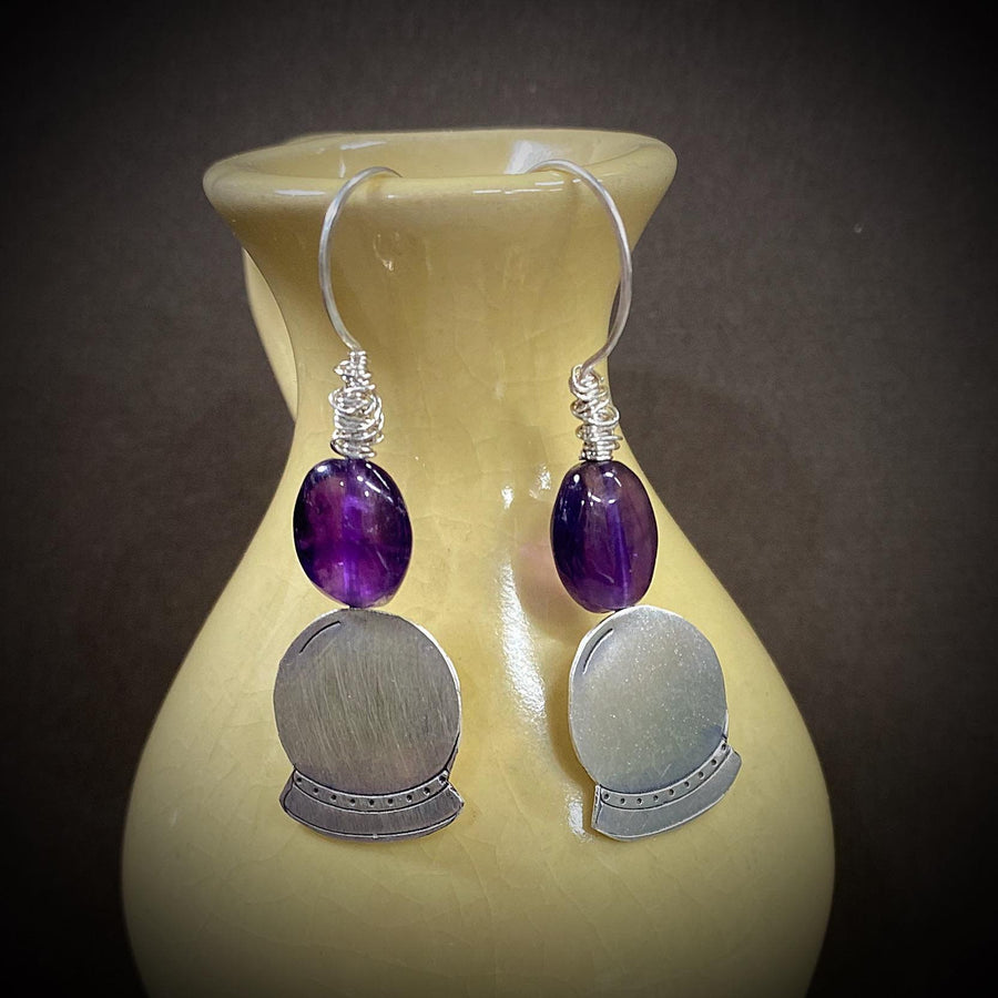 Artisan Sterling Silver & Amethyst Crystal Ball or Snow Globes with Sterling Earwires Drop Dangle Earrings