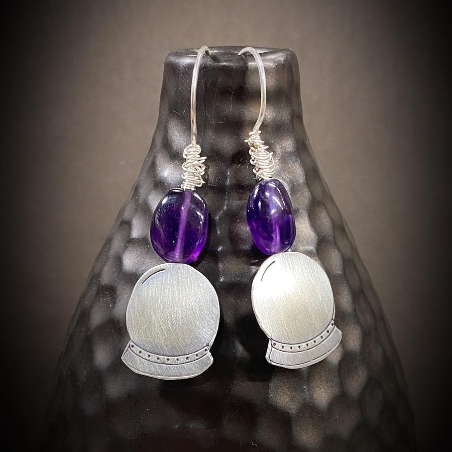 Artisan Sterling Silver & Amethyst Crystal Ball or Snow Globes with Sterling Earwires Drop Dangle Earrings