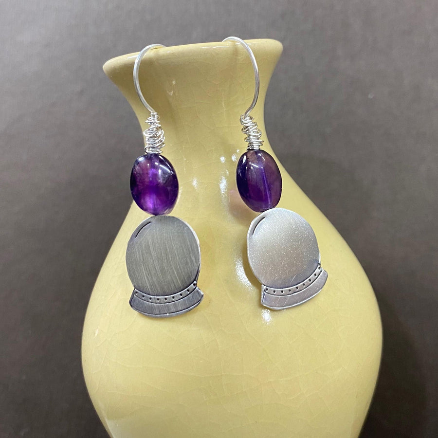 Artisan Sterling Silver & Amethyst Crystal Ball or Snow Globes with Sterling Earwires Drop Dangle Earrings